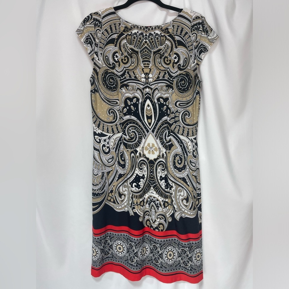 Dress barn Black, Tan, white, red geometric paisley Patterned Dress size 10 - Picture 15 of 16